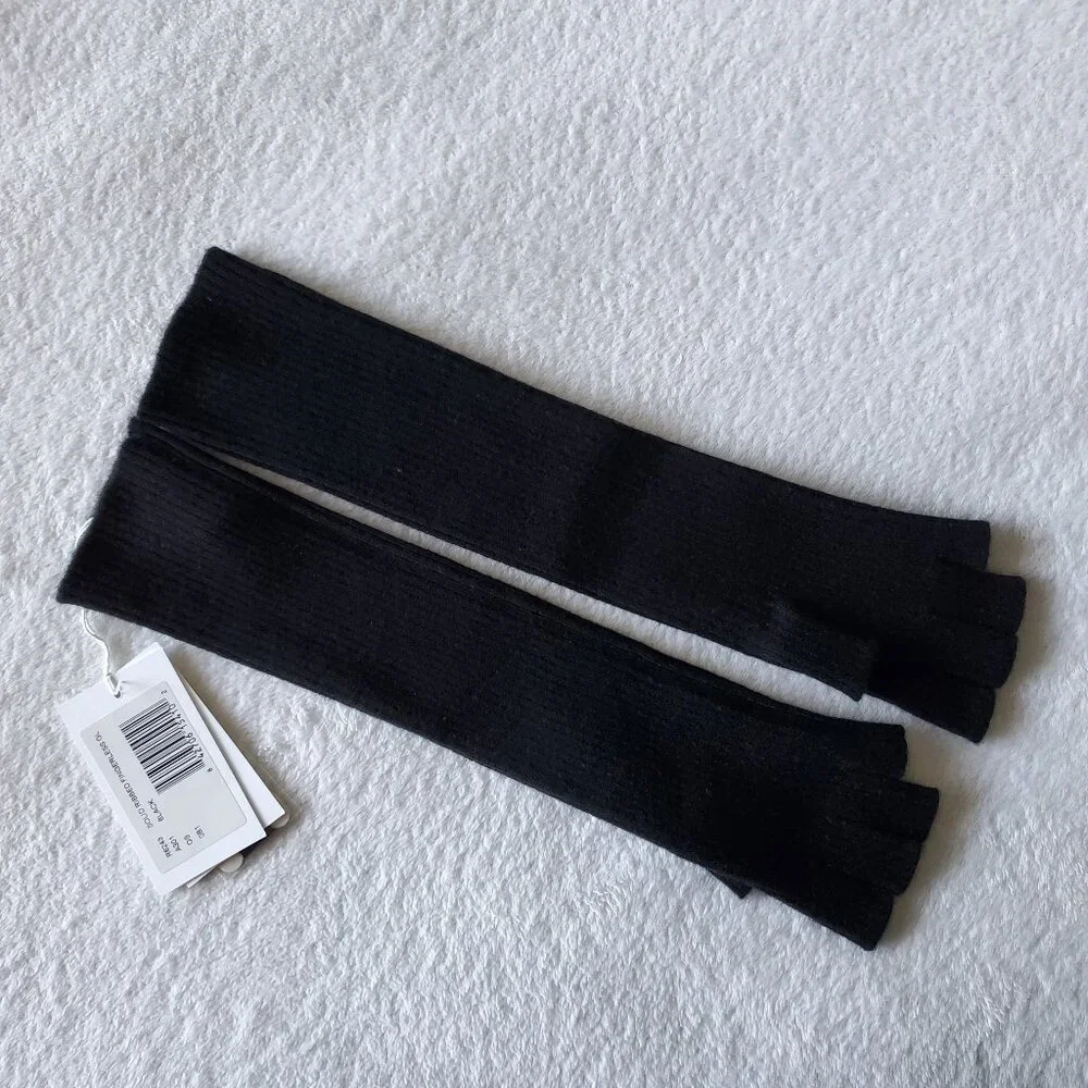 NEW Autumn Cashmere 100% Cashmere Ribbed Long Fingerless Gloves Arm Warmers BLK